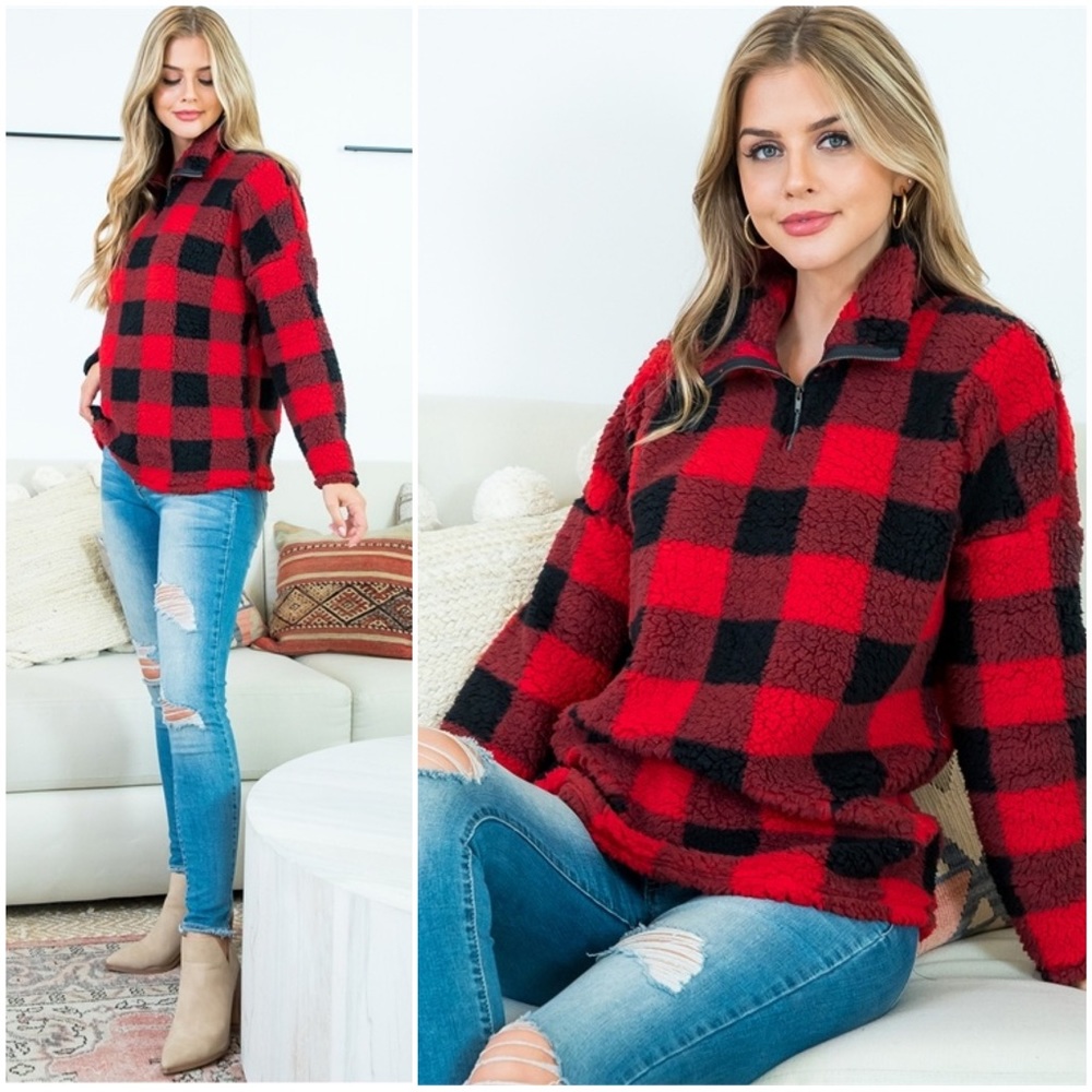 Buffalo Plaid Teddy Half Zip Pullover Jacket - Picture 2 of 9